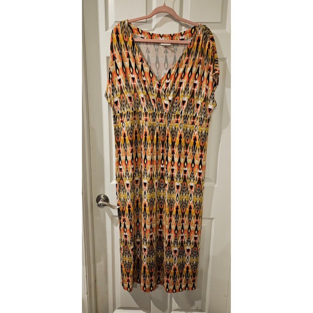 J.Jill Womens 1X Maxi Dress V Neck Geometric Print Rayon‎ Blend Casual